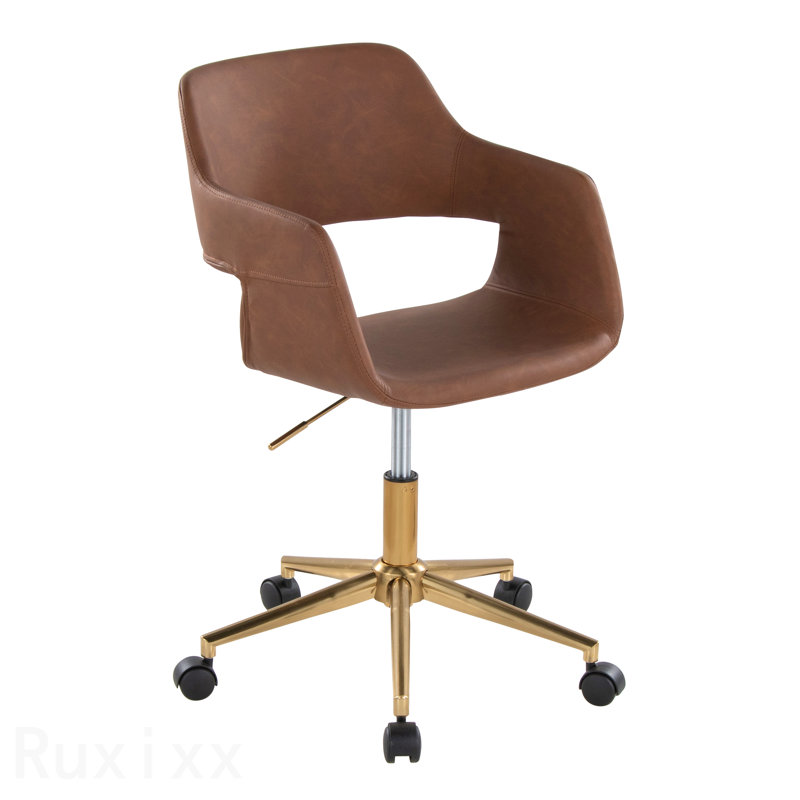 Chrome Metal & Brown Faux Leather Contemporary Task Office Chair, Chrome, Brown