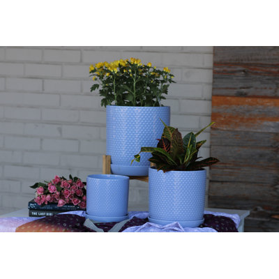 Pot cylindrique à pois avec soucoupe intégrée, pot moyen en céramique émaillée (lot de 2) - Mahesh Outdoor