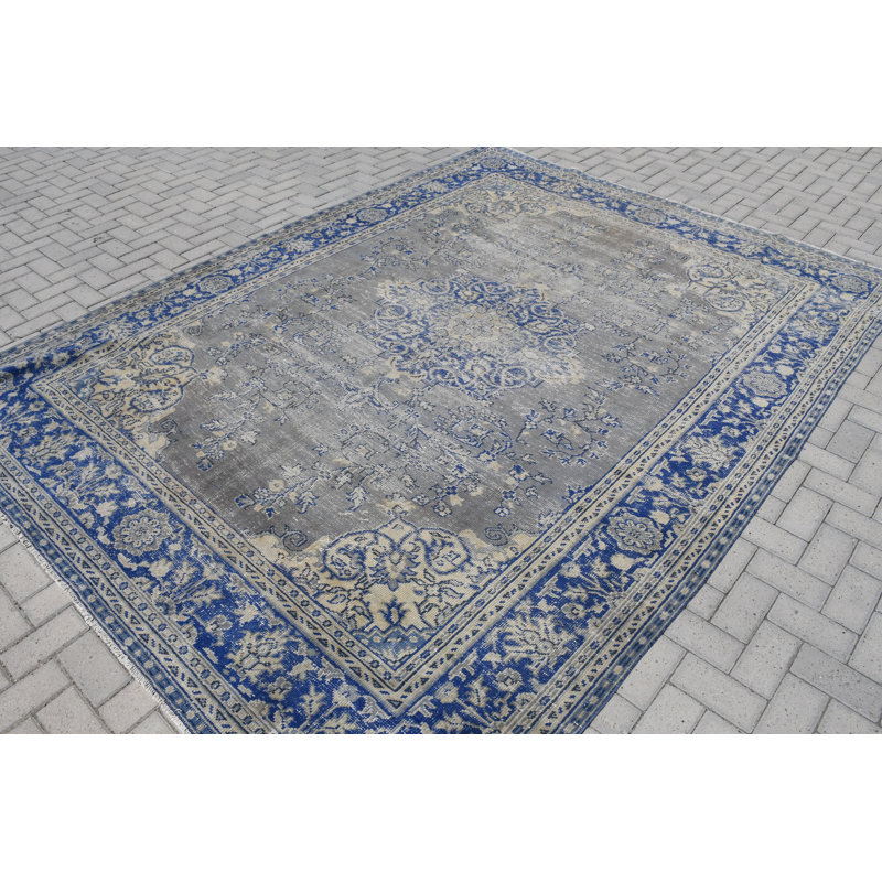 Très grand tapis turc bleu tissé à la main à motif floral idéal pour les grands espaces