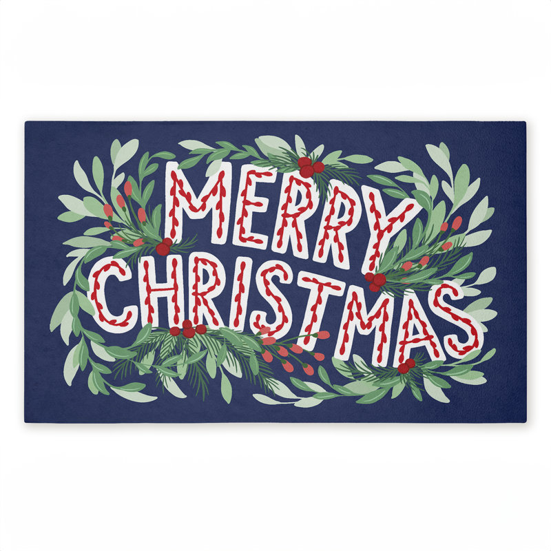 Tapis d'entrée Merry Christmas & Greenery, par Heather McLaughlin, 18 po x 30 po, Joyeux Noël et verdure