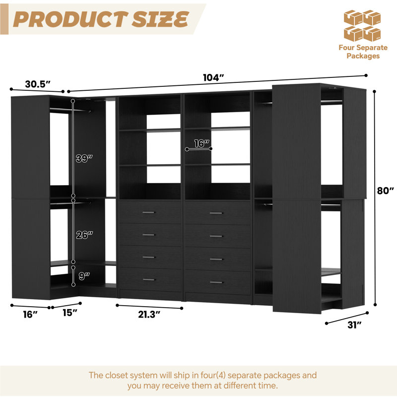 Closet System With Drawers, Shelves,Hanging Rods, Black