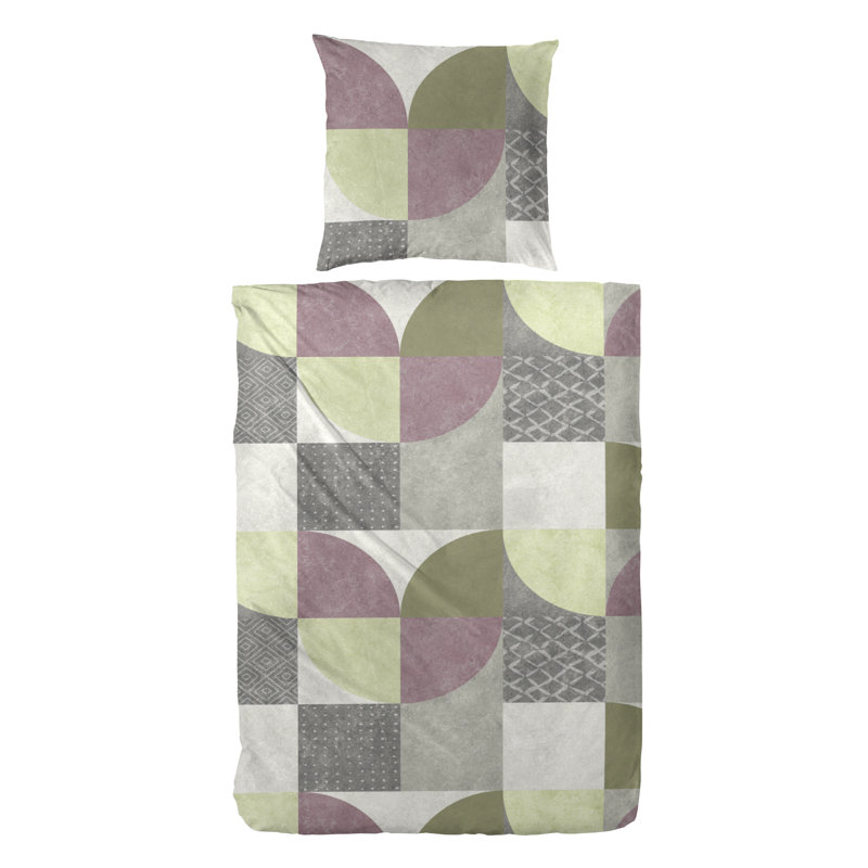Rettie Cotton Geometric Shapes Duvet Cover Set with Pillow Shams, Grey/Cream, Single Duvet Cover + 1 Standard Pillowcase