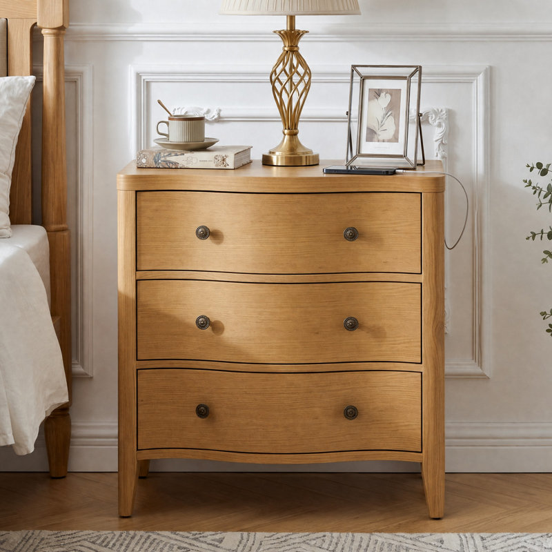 Recatle 27'' W Transitional 3-Drawer End Table with Built-In Outlet and Solid Wood Legs, Brown