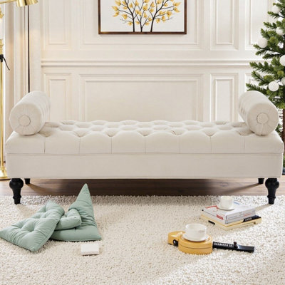 Button-Tufted Upholstered Ottoman Bench with Rolled Arms