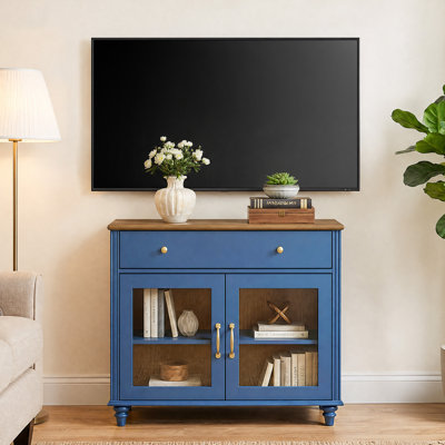 Meuble télé Corretta de style ferme pour téléviseur de 43 pouces avec portes vitrées et tiroir, meuble télé universel en bois avec rangements, console télé pour salon ou chambre, bleu