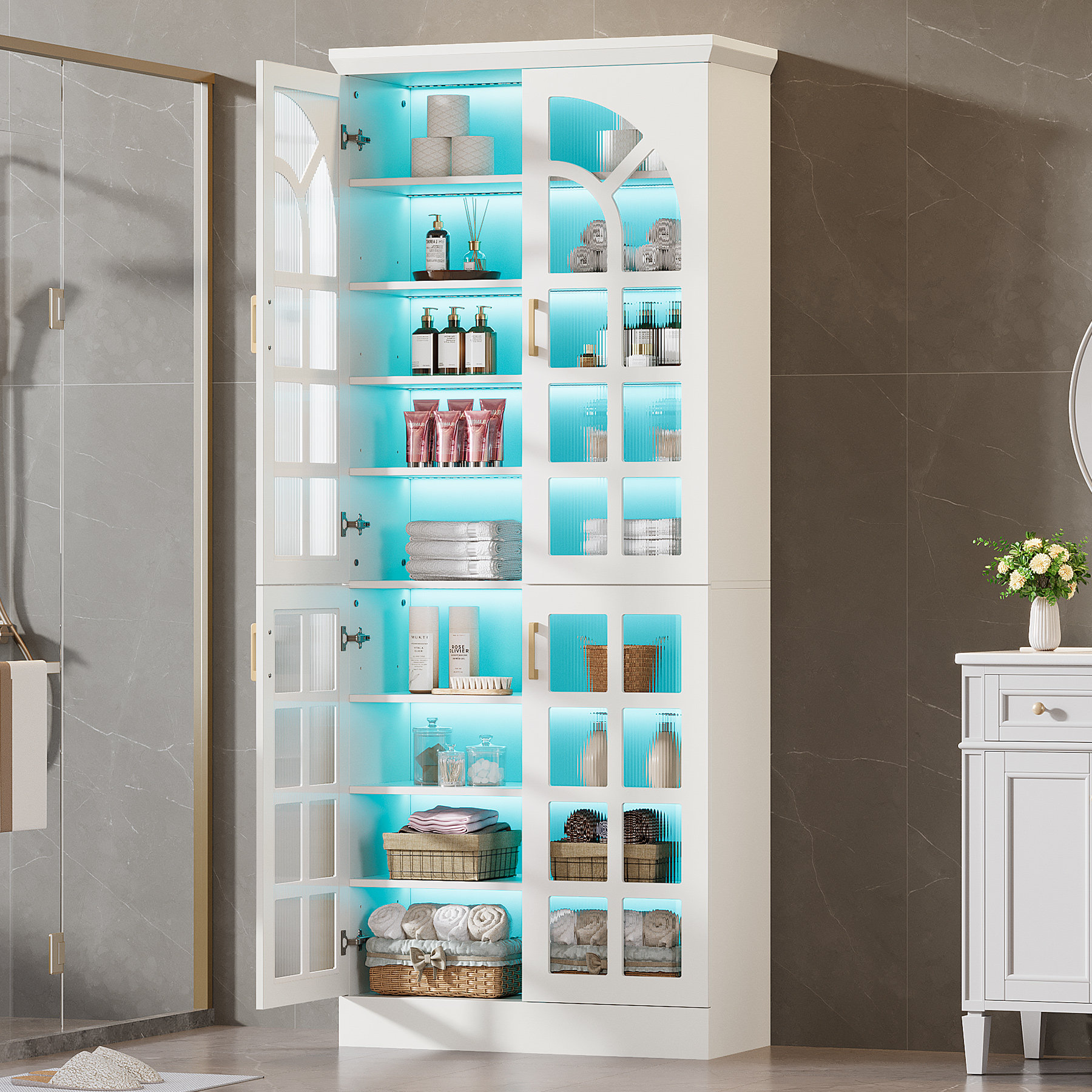 17 Stories Storage Cabinet with Adjustable Shelves and LED Lights ...