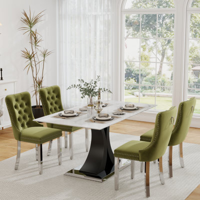 Ensemble de table de salle à manger rectangulaire en verre trempé, table de salle à manger de luxe avec chaise de salle à manger en velours capitonné