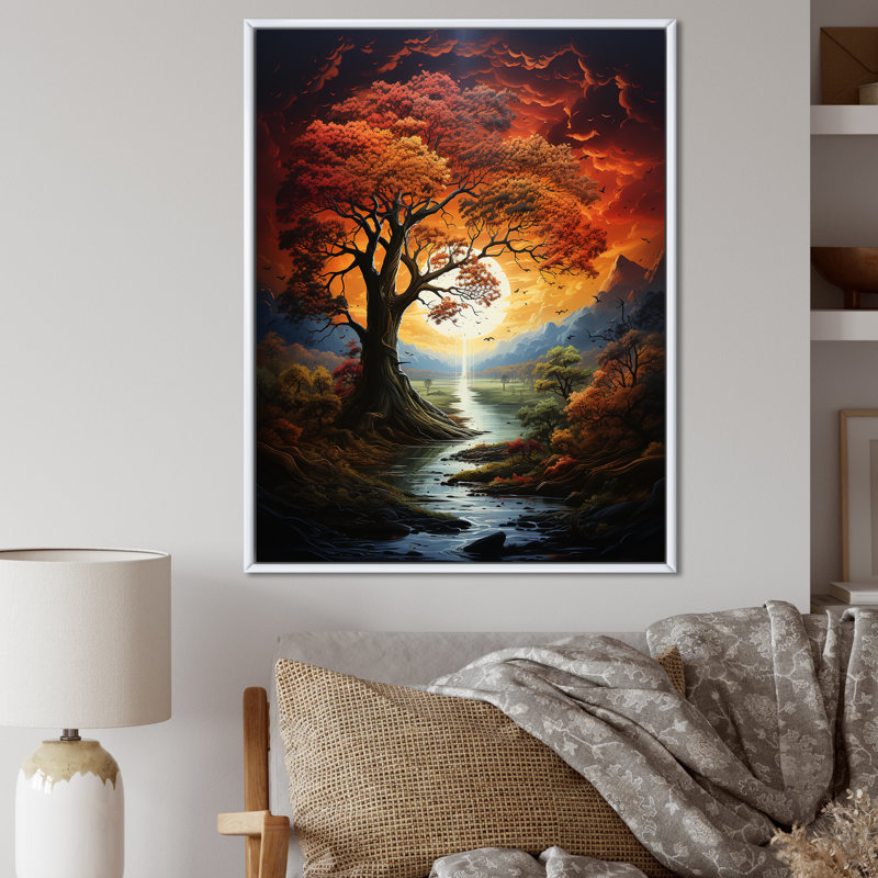 «Majestic Tree» par Mythical River Sunset - reproduction sur toile, H 20 po x l 12 po x P 1 po, Cadre flottant blanc