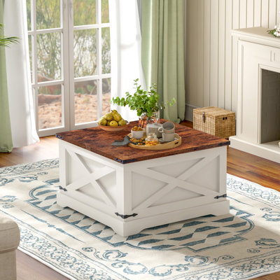 Table basse, table de salle à manger multifonctionnelle avec table de levage, table centrale carrée en bois avec compartiments cachés pour le salon, 31,5 po x 31,5 po, blanc rétro