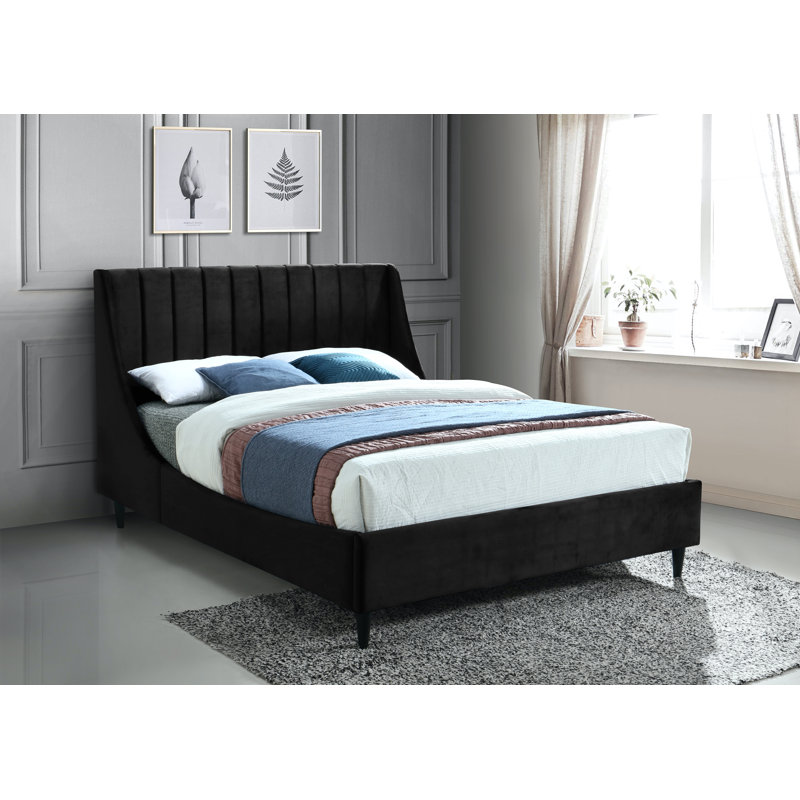 Eva Upholstered Low Profile Platform Bed, Queen, Black Velvet