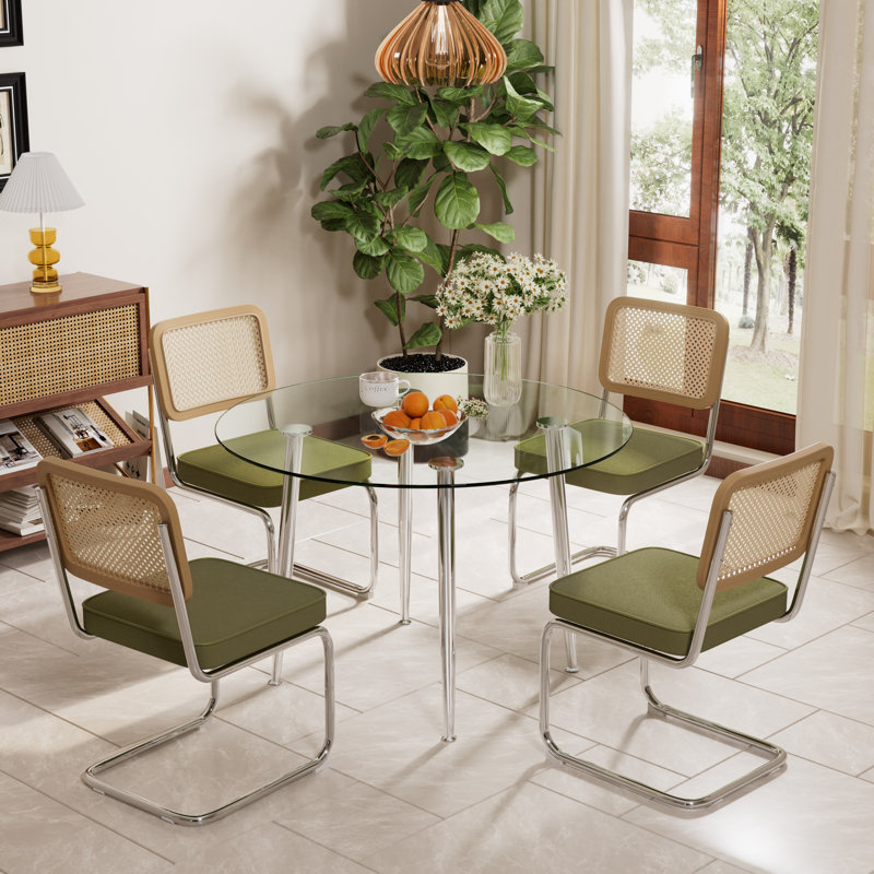 Round Glass Top Dining Set, 29.5"H x 36"L x 36"W, Green, 5 Pieces: Table, 4 Chairs