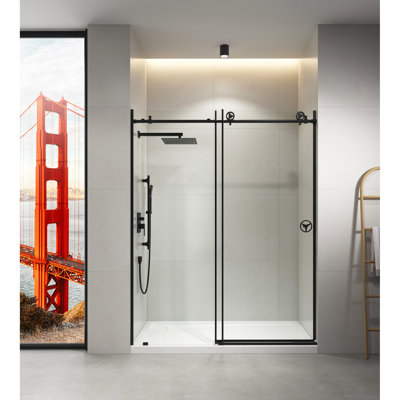 Porte de douche coulissante en verre transparent l 60 po x H 76 po en noir mat