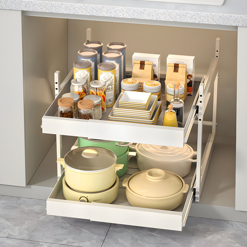 Expandable Kitchen Storage Organizer, No Drill Cabinet Drawer Pull Out Rack For Dishes, Spices, And Utensils Under Sink