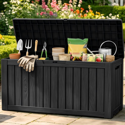 90 Gallons Water Resistant Resin Lockable Deck Box, Outdoor Weather-Resistant Resin Storage Deck Box, Large Lockable Capacity, Versatile Deck Outdoor Storage Bench
