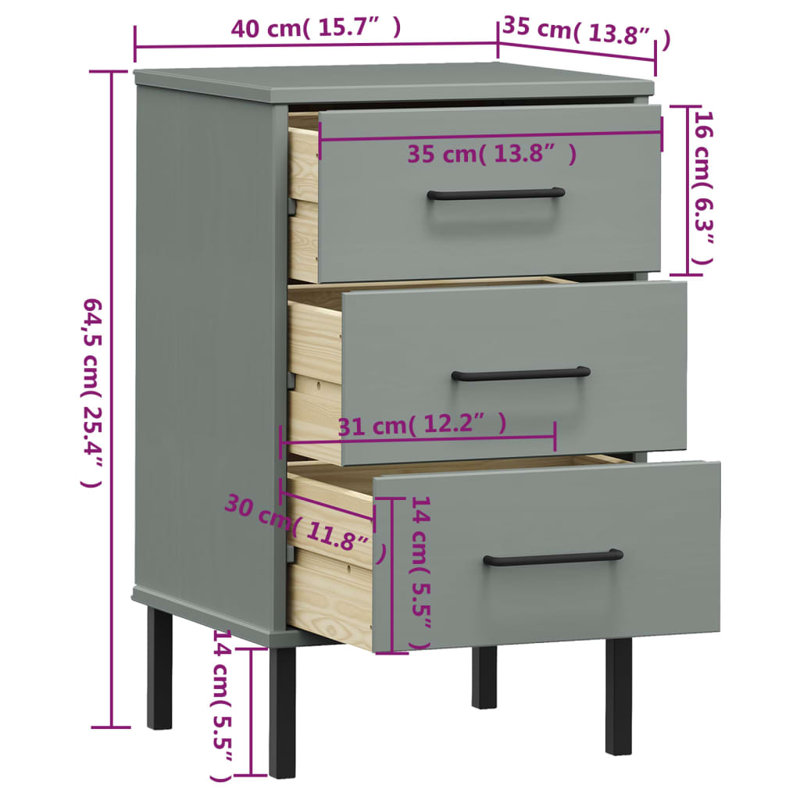 40cm W Bedside Table, Grey