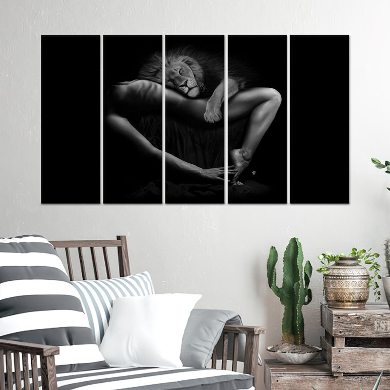 Élégant grand art mural sur toile: Femme sensuelle et lion, impression sur toile 5P, 43,3 po H x 98,4 po l
