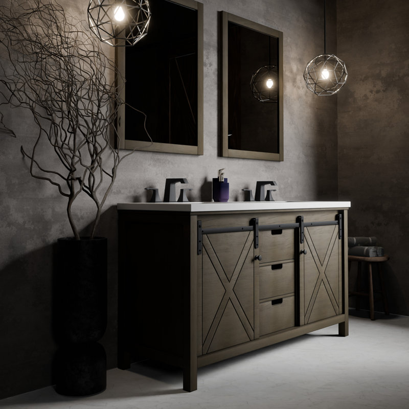 Marsyas 60 in W x 22 in D Double Bath Vanity and 24 in Mirrors, Rustic Brown, White Cultured Marble