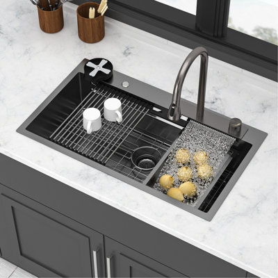 33" Gunmetal Black Kitchen Sink - Multifunction 16 Gauge Stainless Steel Single Bowl With Smart Control, 360 Swivel Pull-Down Faucet, Nano Technology, Drain Easily And Sound Proof, Package Dish Grid