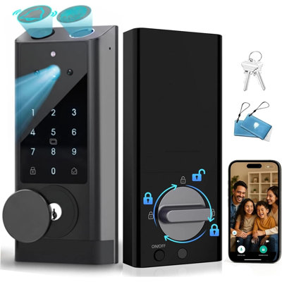 Serrure de porte intelligente G1 avec caméra et sonnette vidéo, pêne dormant d'entrée sans clé 6-en-1 avec empreinte digitale, Wi-Fi intégré, télécommande de l'application TUYA, audio bidirectionnel et vision nocturne