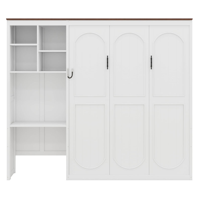 Lit escamotable avec bureau, armoire de rangement multicouche, lit escamotable mural Farmhouse avec lattes en bois, Blanc
