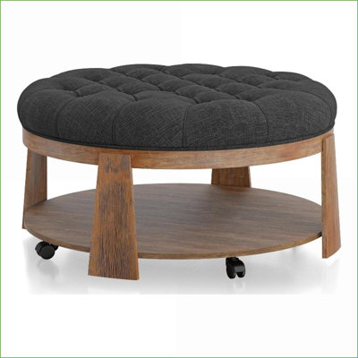 Ottoman Transitional Style Deep Button Tufted Linen-Like Seat with Open Shelf Natural Tone/Dark Grey | Wood Frame | Walnut Brown
