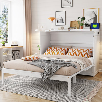 Grand lit escamotable mural avec tiroir et un ensemble de prises et ports USB, blanc
