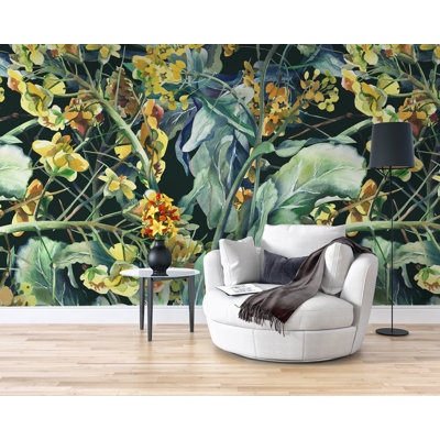 Papier peint amovible avec fleurs jaunes et feuilles printanières