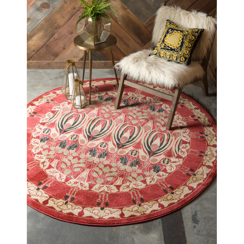 Tapis rouge rouille tissé à la machine Moore, Rond 8 pi