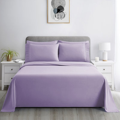 Ensemble de draps 6 pièces avec 4 taies d'oreiller plissés en rayonne de coton rayé 4 pièces Marina