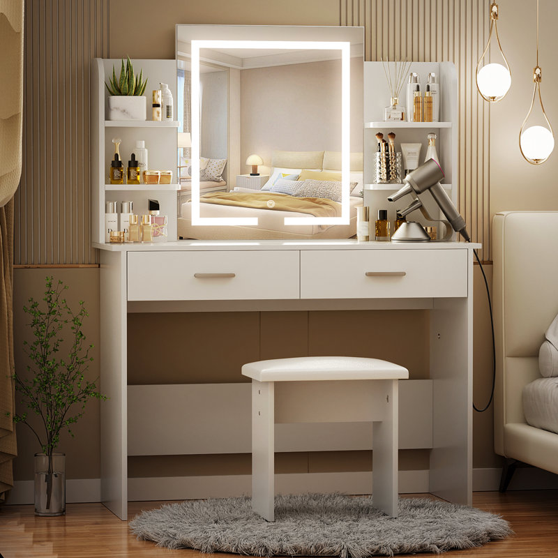 Ensemble de coiffeuse Greyden avec miroir à DEL et prises intégrées, Blanc