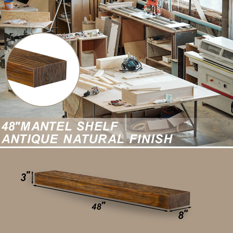 Reclaimed Wood Floating Fireplace Mantel Shelf, Handcrafted Solid Wood Wall Mounted Display Shelving, 3" H x 8" W x 48" D