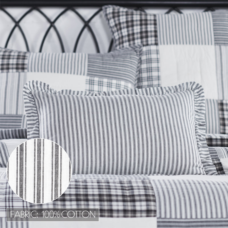 Black and White Cotton Ruffled Ticking Stripe Pillow 14x22