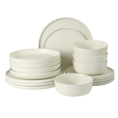 Ensembles d'assiettes et de bols Gibou Elite Bayou Moon, ensembles de vaisselle en grès blanc mat 16 pièces, ensemble de vaisselle en glacis réactif de couleur unie