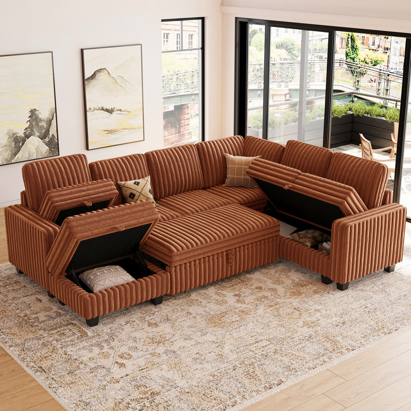 Large Corner Modular Sofa Set, Storage Couch Soft Upholstery Sleeper Sofa Bed For Living Room, Brown Faux Fur