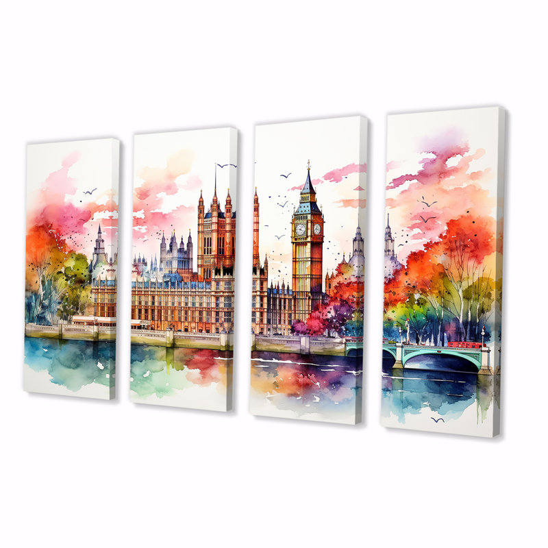 «Big Ben London Skylines At Sunset II - London», ensemble de 4 décorations murales, H 28 po x l 48 po