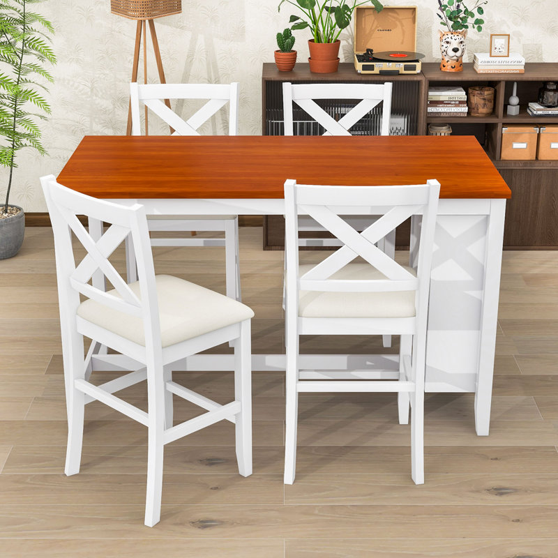 5-Piece Dining Set, Counter Height Dining Table with Built-In Storage and 4 Upholstered Chairs, Walnut/White