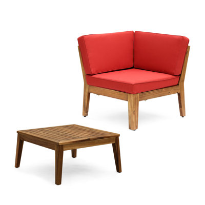 Table de coin, bois rouge, lattes modernes, coussins d'eau, détails de la table modulaire multicolore, housses de coussin, finition