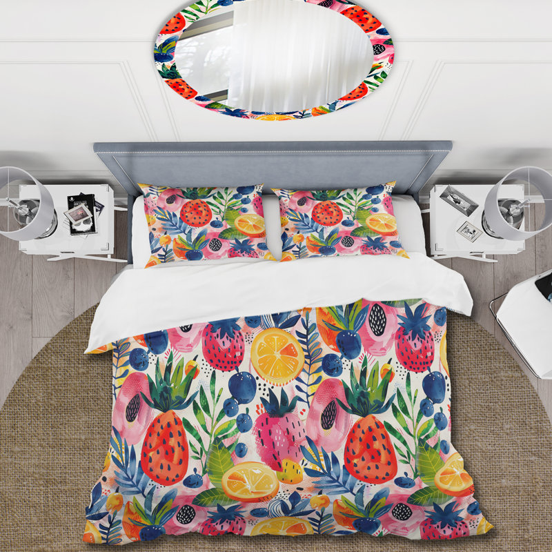 Ensemble de housse de couette rouge, vert, fruits sauvages et aquarelle, Housse de couette très grand et 2 très grandes t