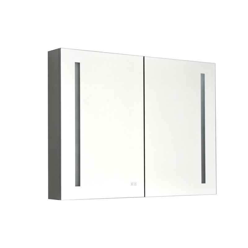 Pharmacie à DEL, option de gradateur, miroir de maquillage 3X, configuration de tablette réglable, fonction de ports de charge intégrés, tablettes,