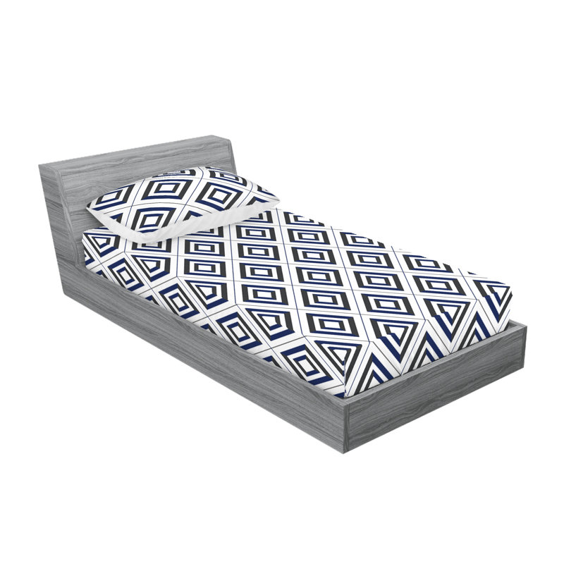 Ambesonne Fitted Sheet & Sham Geometric Pattern Modern Navy Blue Dark Taupe Grey, Twin Sheet Set with 1 Pillowcase