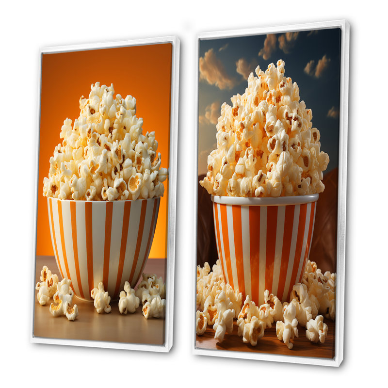 Golden Era Cinéma Popcorn Bowl - Ensemble de 2 impressions sur toile Popcorn, Cadre flottant blanc, H 28 po x l 25 po