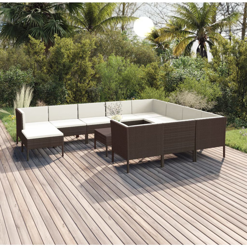 Ensemble de conversation modulaire avec coussins 9 pièces Lawenda, Blanc, Brun, 12 pièces: table, 10 chaises, repose-pieds
