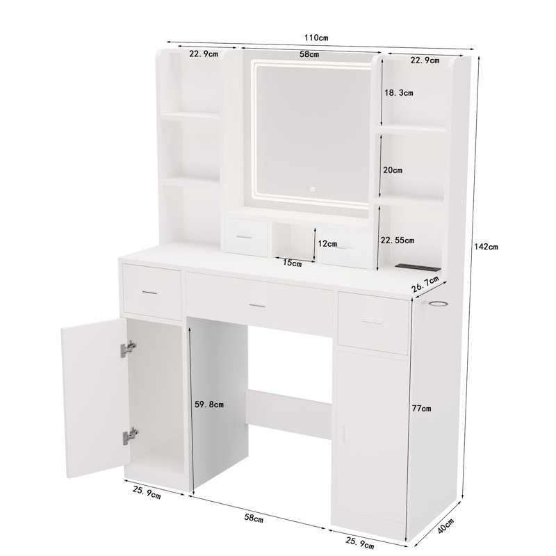 Meuble-lavabo de chambre à coucher avec miroir à DEL et ports à douilles - 5 tiroirs, 2 armoires-commodes blanc Charisma: Armoires réglables, électriques