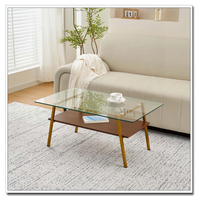 Table basse rectangulaire, plateau de table en verre trempé avec pieds, Clair, Or / noyer