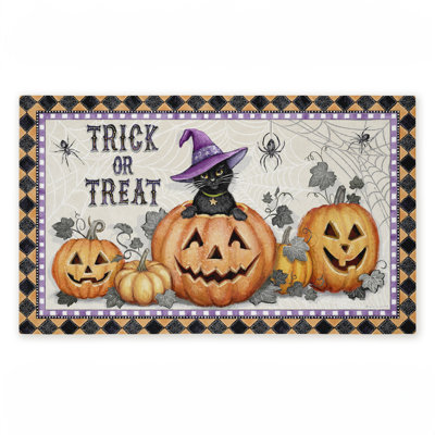 Vintage Halloween Cat & Pumpkins Printed Outdoor Door Mat, design by Chad Barrett, 18"x30"