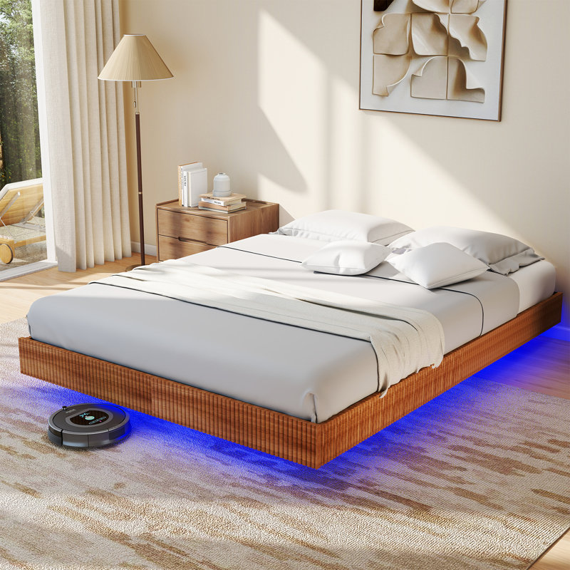 Floating Bed Frame with LED Lights, Fluted Mid Century Modern Floating Platform Bed No Box Spring Needed, Queen