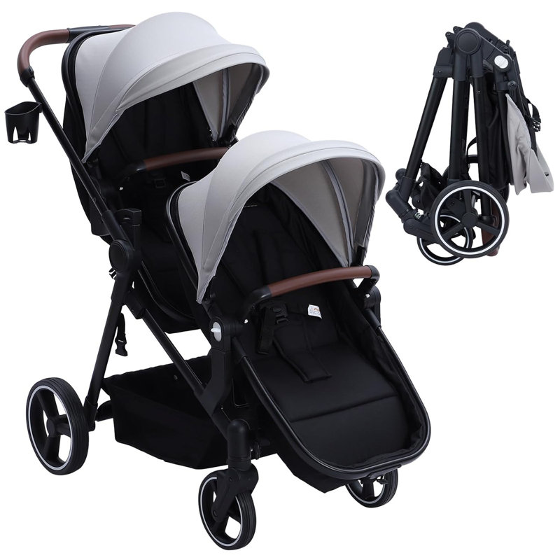 Tandem Double Stroller Newborn and Toddler, Foldable Twin Stroller with Reversible Seat, 5-Point Safety Harness, Adjustable Backrest & Canopy, Storage Basket