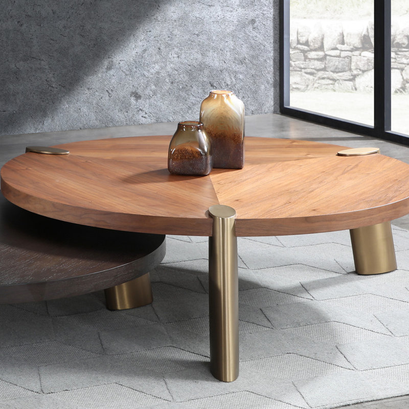 Mimeo 55" Round Center Table, 17" H x 63" L x 63" W, Walnut/Brass