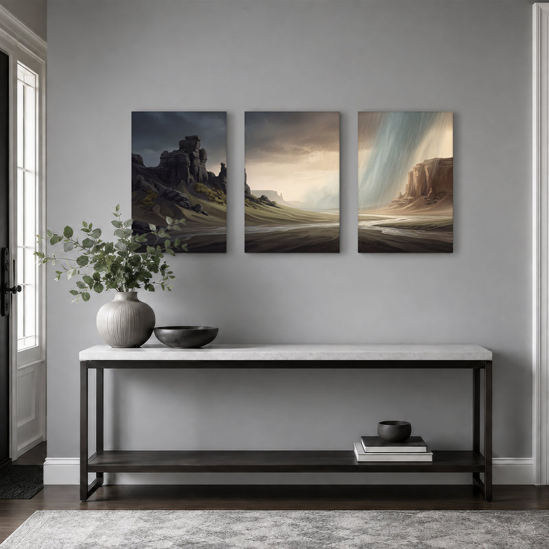 Moody Rocky Canyon avec rivière qui coule et ensemble de 3 toiles ensoleillées, 24"H x 16"W x 3pcs