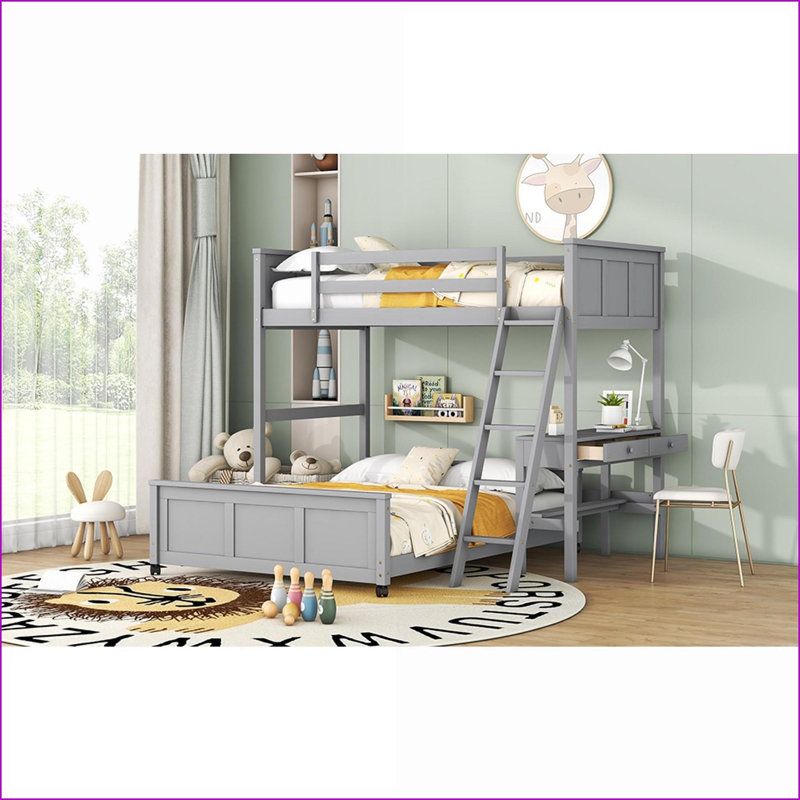 Twin Over Full Pine Wood Bunk Bed with Desk Gray No Box Spring Needed for Small Spaces, Full XL, Gray